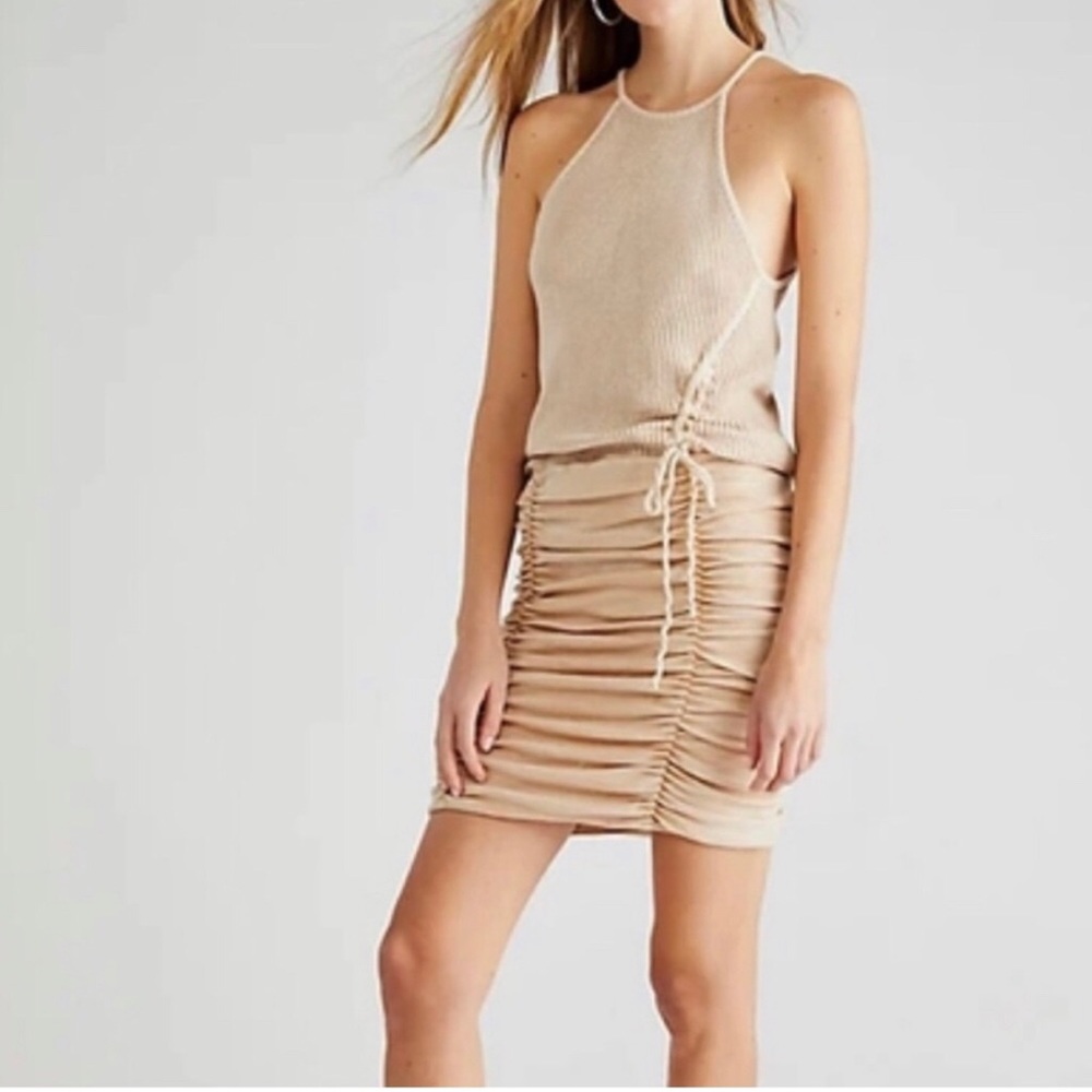 FREE PEOPLE FP ONE Katya Thermal Ruched Mini Dress Sand Crean Tan Size XS